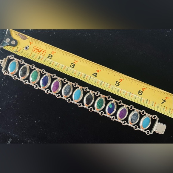 Beautiful 950 Fine Silver Mexico Multi Stone Inlay Link 7.5” Bracelet - Picture 9 of 10
